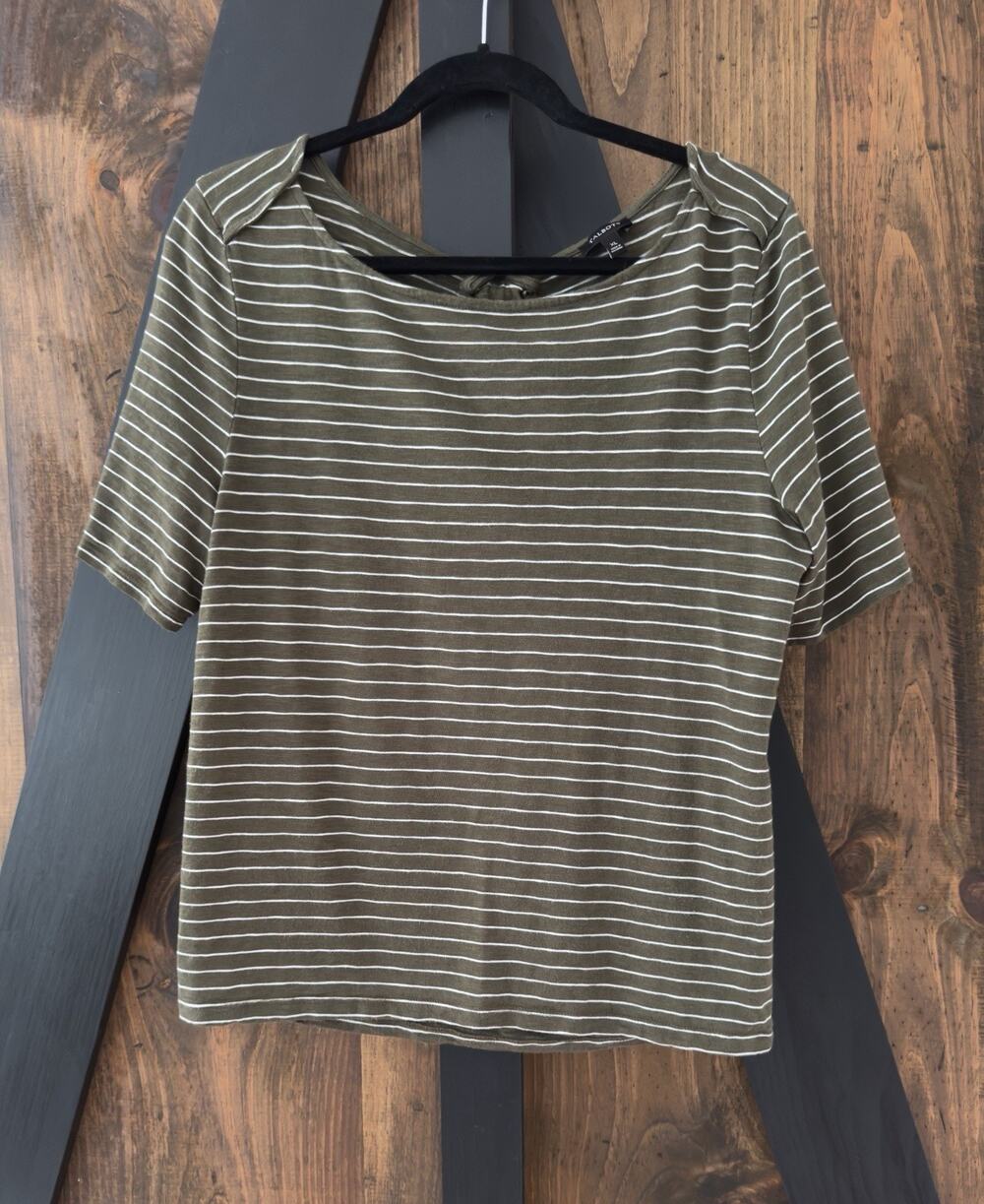 Talbots Women’s Army Green & White Striped Ribbon Tie Back Top Size XL